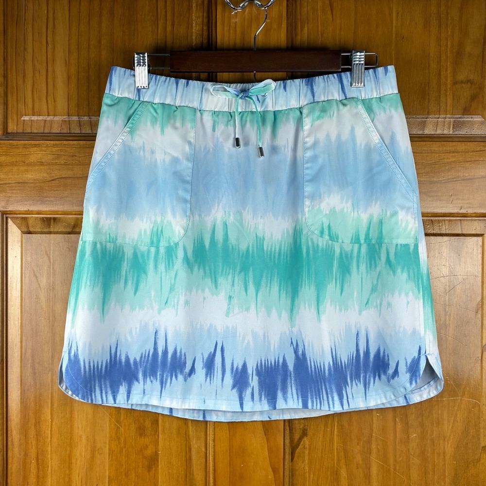 Chicos Zenergy Womens Skort Sz 1 Blue Green Tie Dye Ikat Athletic Travel Tennis